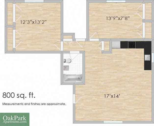Floor plan for 2 beds, 1 bath, 800 sqft
